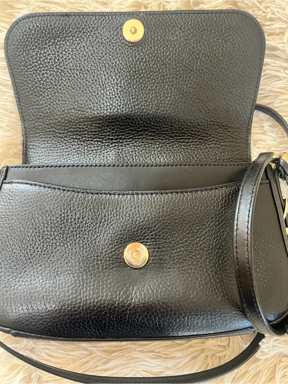 MICHAEL KORS Black Pebbled Leather Flap Crossbody with Gold Hardware